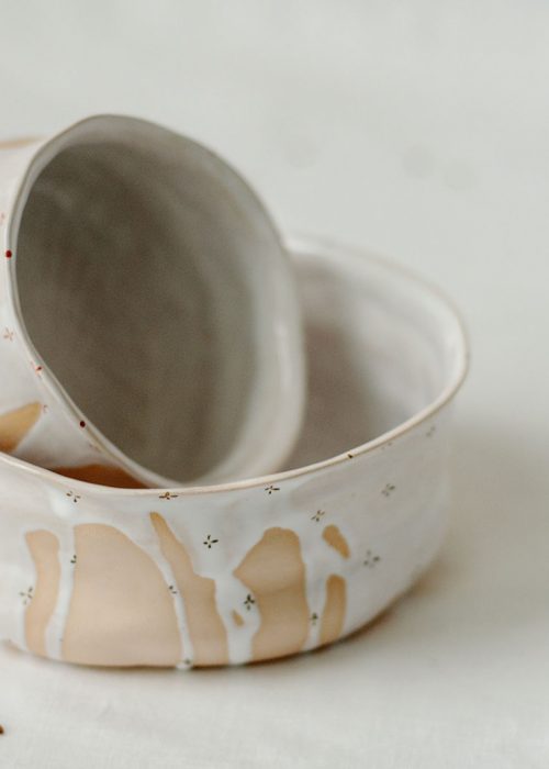 Декоративна тарілка і піала з кераміки - Колекція «Квіти з молоком» (Ручна робота)